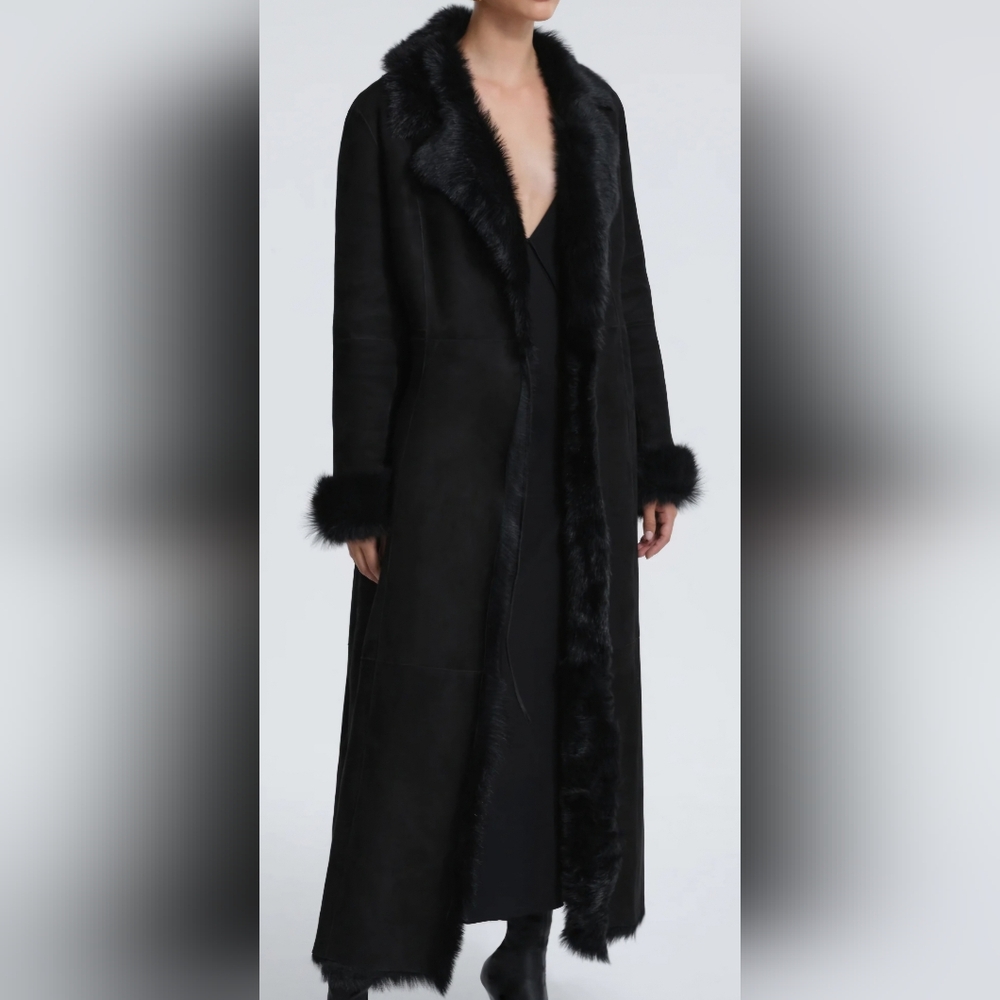 Luxurious Black Shearling Long Coat XS DKNY